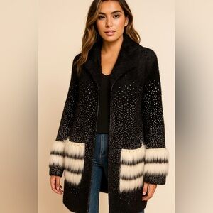Sioni Open Front Black Cardigan Sweater White Faux Fur Fuzzy Duster Large NWT